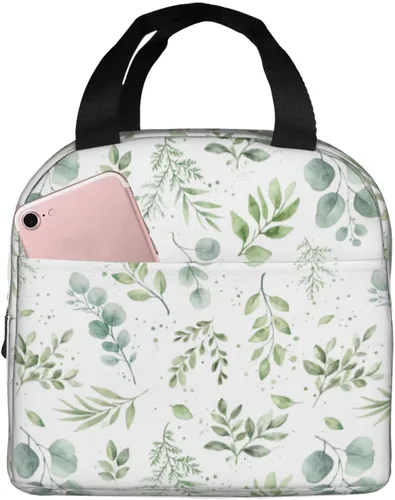 Vista 9 de Giwawa Bolsa de almuerzo aislada con hojas coloridas de acuarela, color gris, amarillo, con flores silvestres, reutilizable, térmica, impermeable