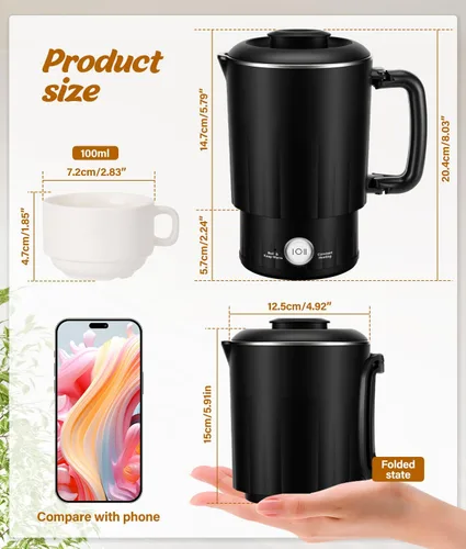 Vista 2 de Hervidor eléctrico portátil de viaje, hervidor de agua pequeño de 20.3 fl oz con taza de cerámica, caldera de agua de acero inoxidable 304 con doble