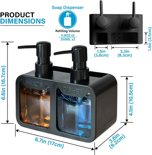 Vista 4 de Esby Juego de dispensador de jabón, dispensador de jabón para platos 4 en 1 para fregadero de cocina, dispensador de jabón de manos que ahorra Negro