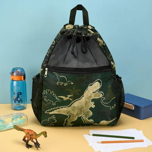 Vista 5 de WAWSAM Mochila con cordón para niños - Bolsa de malla con cordón para niños, Dinosaurio verde oscuro, Dinosaurio