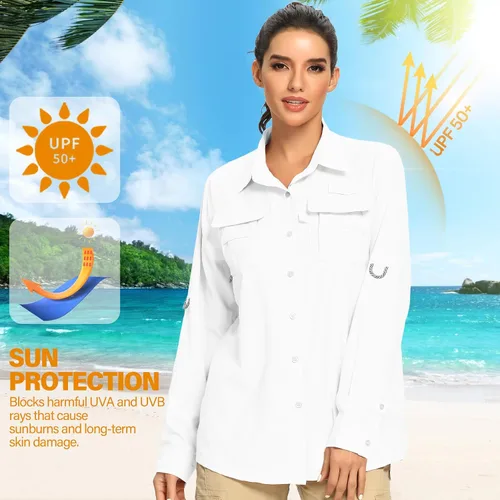 Vista 8 de Camisas de manga larga UPF 50 para mujer, protección solar UV, safari, secado rápido, pesca, senderismo, viajes