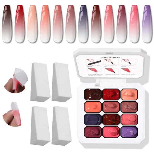 Vista 14 de Paleta de Esmalte de Uñas en Gel Sponge Pat, 12 Colores para Mezclar Ombré Degradado, Pintura Degradada para Arte de Uñas, Sin Limpieza, Curado