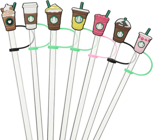 Vista 2 de KEUYE Funda para popote compatible con la taza de Starbucks, 7 fundas reutilizables para popotes, tapa de popote a prueba de salpicaduras, tapa
