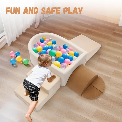 Vista 6 de Asweets - Bloques de escalada de espuma con pozo de bolas para niños pequeños (bolas no incluidas) Juego suave de 6 piezas para niños pequeños