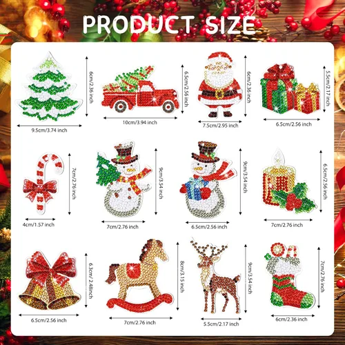 Vista 3 de Ferraycle 12 piezas de adornos de Navidad de arte de diamantes de Navidad, adornos de pintura de diamantes 5D, kits de llaveros de pintura colgante