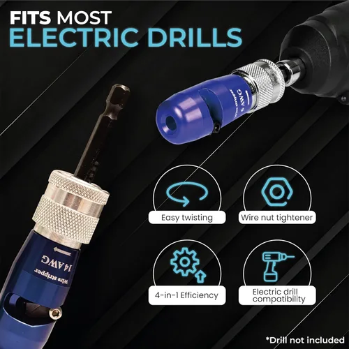 Vista 6 de Kit de herramientas para pelacables y tornado accionado por taladro con 4 cabezales intercambiables y accesorios - Herramienta de conector