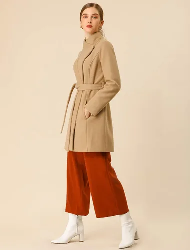Vista 4 de Allegra K Abrigo largo clásico de invierno con cinturón de manga larga con cuello alto para mujer