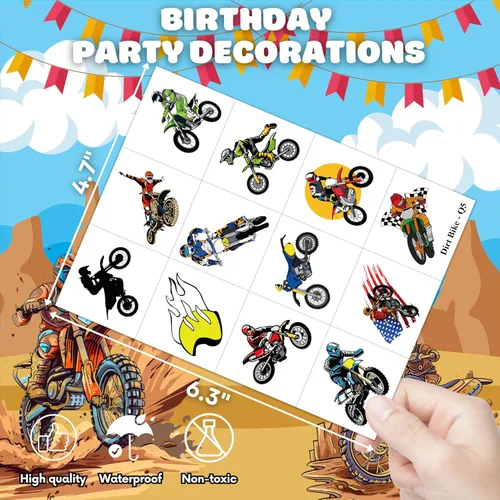 Vista 5 de Tatuajes temporales para motocross, 96 piezas (8 hojas) pegatinas de tatuaje falsas para niños y niñas Suministros para fiestas de cumpleaños