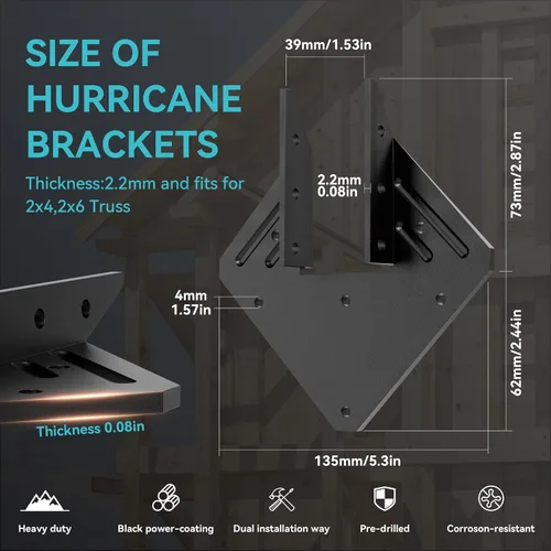 Vista 3 de 10 piezas de bridas para huracanes negras resistentes para vigas, correas para techos de huracanes de calibre 13, espesor de 2.2mm, ajustables