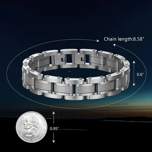 Vista 6 de Hombres Pulsera de acero inoxidable hombres pulsera negra Enlace diamante plata pulsera partículas azules joyería hombres cadena cajas de regalo