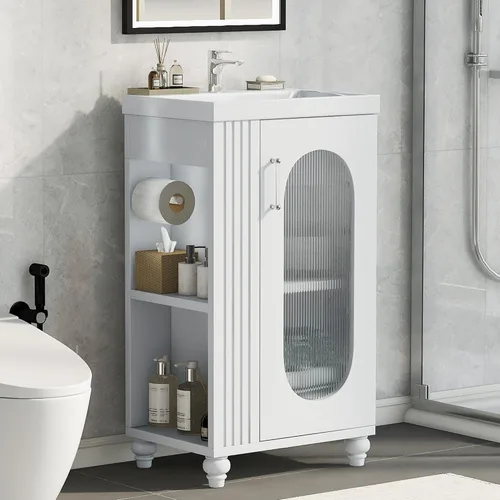 Vista 13 de LUMISOL Tocador de baño pequeño de 18.6 pulgadas con fregadero de cerámica, tocador estrecho con soporte para papel higiénico y puerta de cierre Gris