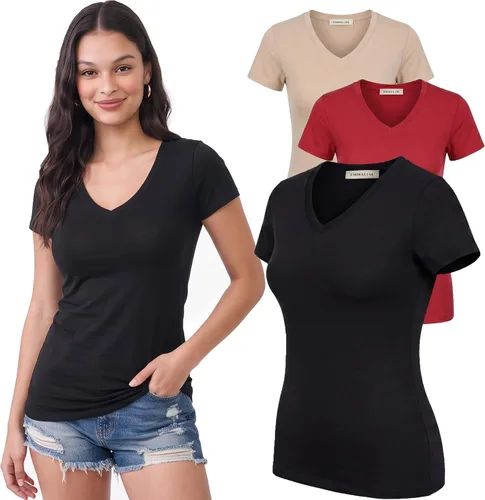 Vista 48 de Emmalise Camiseta de manga corta para mujer, cuello en V, tallas junior y plus