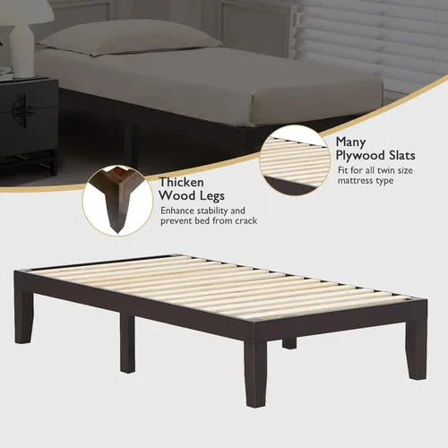 Vista 5 de COSTWAY Base de cama de plataforma de tamaño individual, base de colchón de madera de goma maciza de 14 pulgadas con soporte de listones