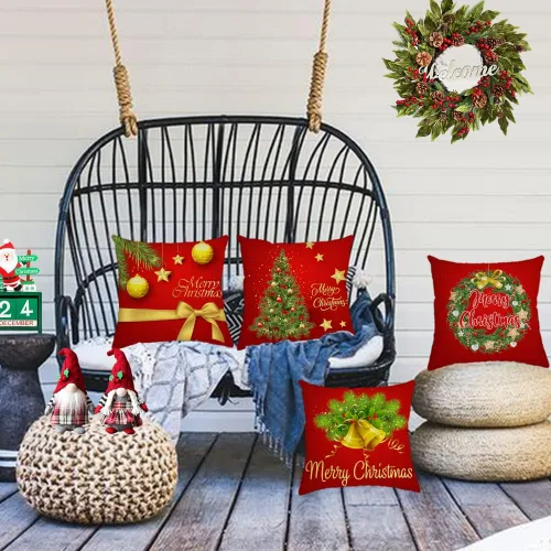 Vista 7 de Juego de 4 fundas de almohada de Navidad de 12 x 12 pulgadas, fundas de almohada de terciopelo de Navidad, fundas de almohada doradas y rojas