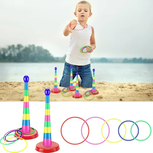 Vista 6 de Zubebe 18 Inch Plastic Ring Toss Game for Kids Colorful Tossing and Active Play Set Travel Ring Toss Quoits Toy Portable Carnival Games Indoor