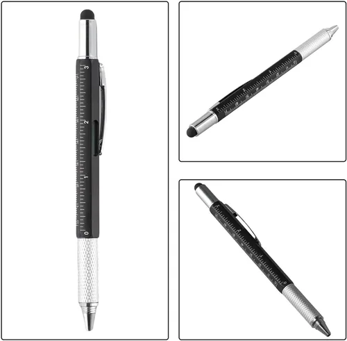 Vista 6 de Bolígrafo multiherramienta 6 en 1 para hombre, lápiz capacitivo, regla Negro