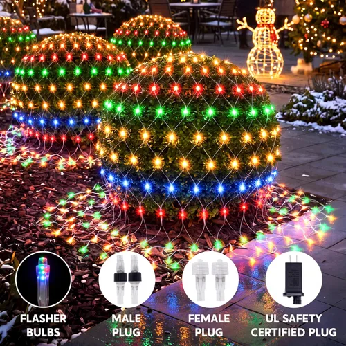 Vista 4 de JOYIN 200 luces LED de red de Navidad, 6.5 x 10 pies, luces de malla de Navidad con 8 modos, conectables, impermeables, para arbustos, árboles