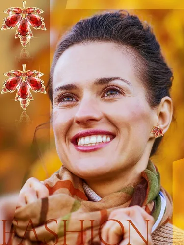 Vista 4 de Sasylvia Juego de 4 piezas de joyería de otoño de hoja de arce para mujer, collar, pulsera de diamantes de imitación, 2 aretes de hoja de arce