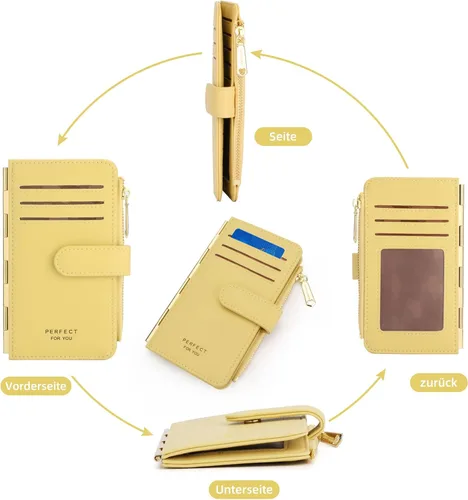 Vista 2 de PERFECB - Cartera para mujer, con bloqueo RFID, delgada, plegable, para tarjetas de crédito, con cremallera simple, Amarillo, Cartera con tarjetero