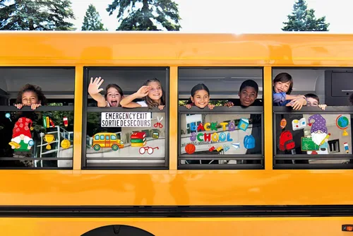 Vista 4 de 9 hojas de calcomanías de ventana de regreso a clases, libro de gnomos, autobús escolar, calcomanías de doble cara reutilizables estáticas ABC Apple