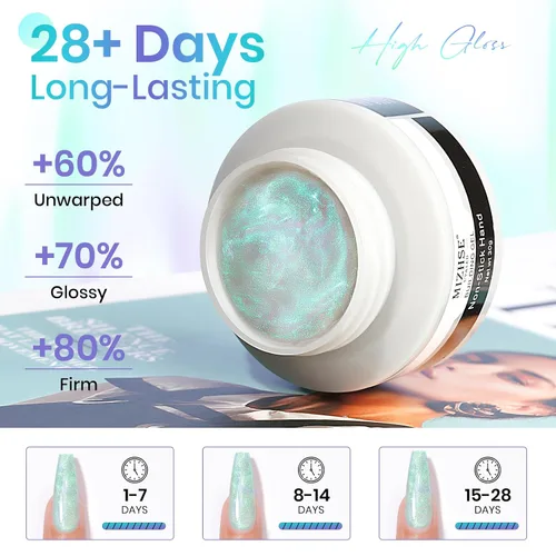 Vista 7 de MIZHSE Gel constructor sólido para uñas, 2 unidades de 1 onza de perlas de sirena y gel duro transparente con formas de uñas, molde 3D, remojado, U
