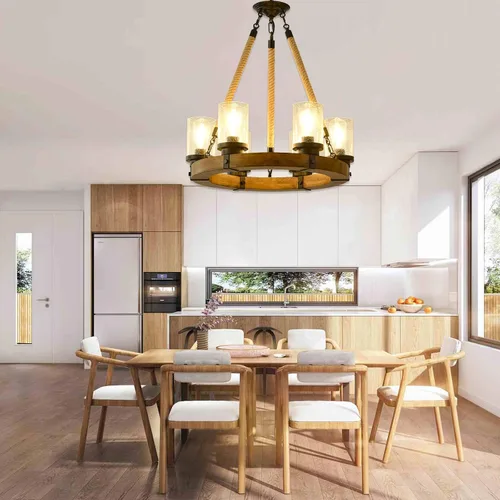 Vista 5 de Candelabro de iluminación de rueda de carro, 6 luces con pantalla de vidrio semillado, lámpara redonda de madera para cocina, isla de vestíbulo