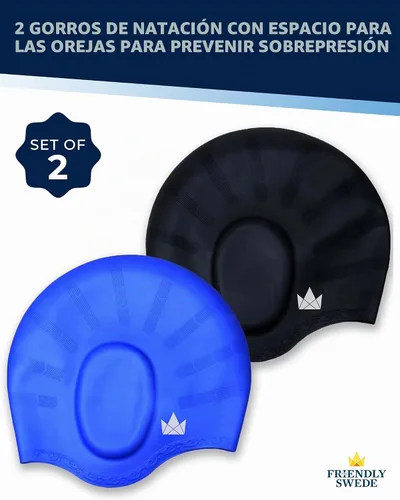 Vista 2 de The Friendly Swede Gorros de natación para mujeres y hombres, espacio extra Azul + Negro