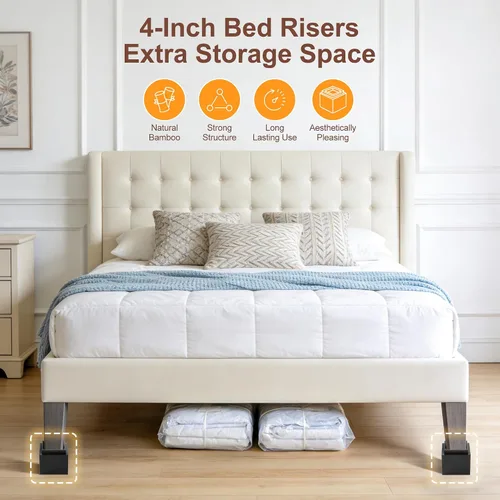 Vista 5 de Elevadores de cama de bambú de 4 pulgadas, 2000 libras, elevadores de patas de muebles resistentes con borde anticaídas, extensores de altura