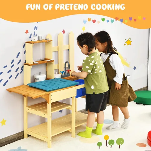 Vista 7 de HONEY JOY Juego de cocina de barro para niños, para interiores y exteriores, juguete de simulación de madera con fregadero extraíble, grifo