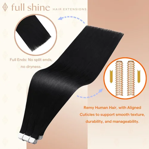 Vista 2 de Full Shine - Extensiones de cabello humano con cinta adhesiva, 10 pulgadas, sin costuras, color 1 negro azabache de 1.06 oz, cinta invisible