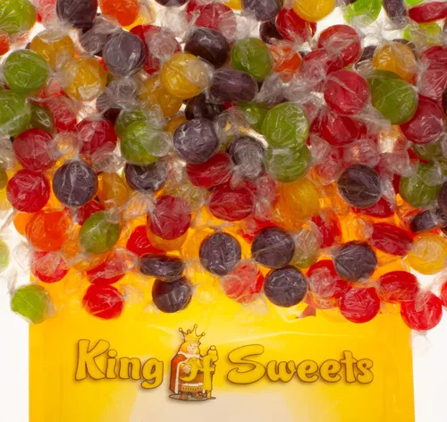 Vista 3 de Botones de frutas surtidos de 1 libra envueltos individualmente en una bolsa de King Of Sweets resellable a granel