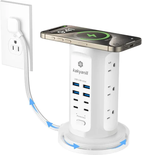 Vista 9 de Torre de Regleta de Alimentación, kakyanill Torre Protectora contra Sobretensiones 9 Tomas de CA 8 USB (4 USB C), Cable de Extensión Retráctil de 6