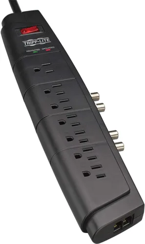 Vista 4 de Tripp Lite Regleta de protección contra sobretensiones de 7 tomas, cable de 6 pies, enchufe de ángulo recto, protección coaxial, seguro de 50K