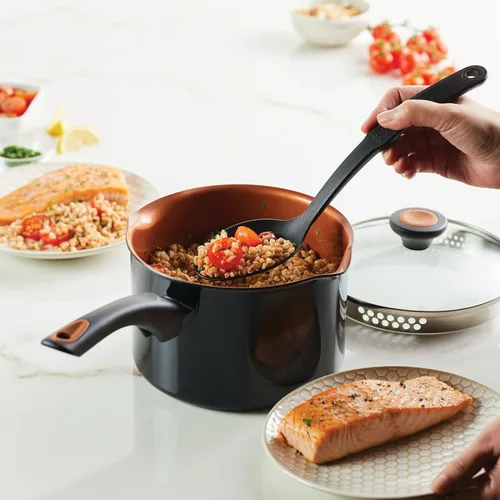 Vista 10 de Farberware Glide - Sartén antiadherente de cerámica de cobre con tapa, 3 cuartos de galón, color negro
