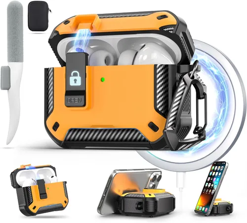 Vista 21 de Maxjoy Funda para AirPods Pro 3 2025, MagSafe compatible con bloqueo automático, funda protectora a prueba de golpes con soporte para teléfono