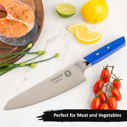 Vista 14 de YOKASHI Excalibur Cuchillo de Chef - Cuchillo de cocina de acero alemán duradero de 8 pulgadas - Cuchillo de cocina afilado para picar, rebanar