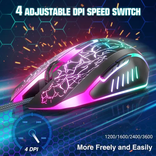 Vista 2 de BENGOO Ratón para juegos con cable, ergonómico para computadora portátil gamer, mouse óptico para computadora con retroiluminación RGB, 4 DPI
