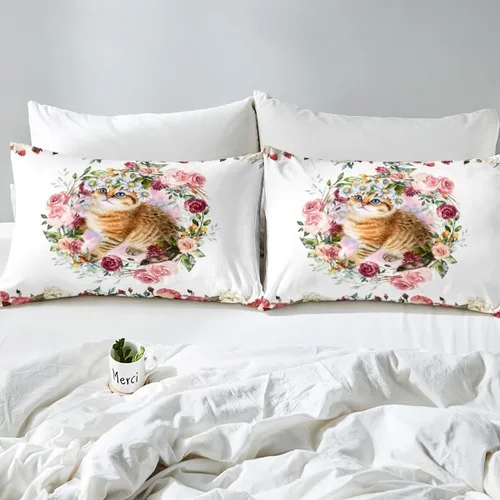 Vista 5 de Erosebridal Juego de sábanas de tamaño individual con diseño de gatos y gatos, con temática de animales, con flores coloridas, juego de sábanas