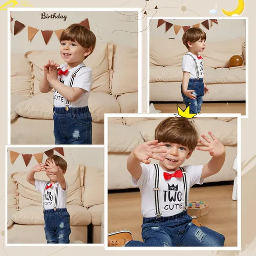 Vista 3 de Conjunto de ropa de cumpleaños para bebé niño pequeño, con tirantes, pantalones de mezclilla rasgados