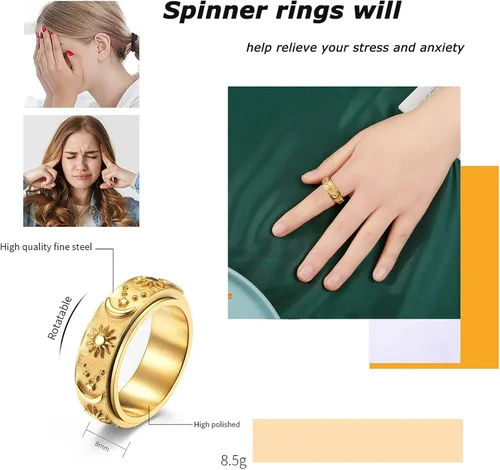 Vista 5 de MOROYA Anillo anti ansiedad chapado en oro de 14 quilates para mujeres y hombres, anillo giratorio de acero inoxidable con caja negra empaquetada