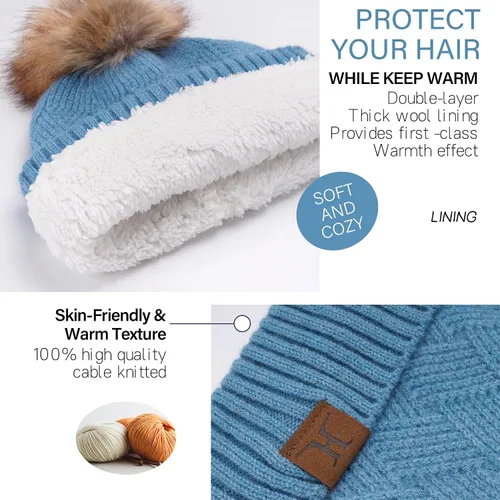 Vista 2 de Conjunto de gorro de punto cálido para mujer, bufanda larga, guantes para pantalla táctil, con forro polar, gorro de calavera con pompones, regalos