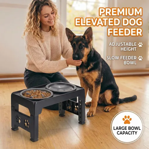Vista 3 de LALOBLUE Cuencos elevados para perros, cuencos elevados de alimentación lenta para perros con tazón de agua antiderrames, el soporte para cuenco