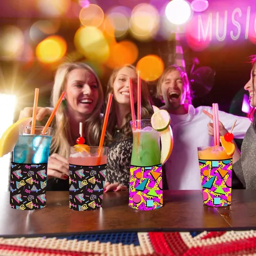 Vista 7 de Fundas para enfriar latas retro de los años 80 y 90, 24 piezas, fundas para botellas y latas de neón de Memphis Fashion - Suministros para fiestas