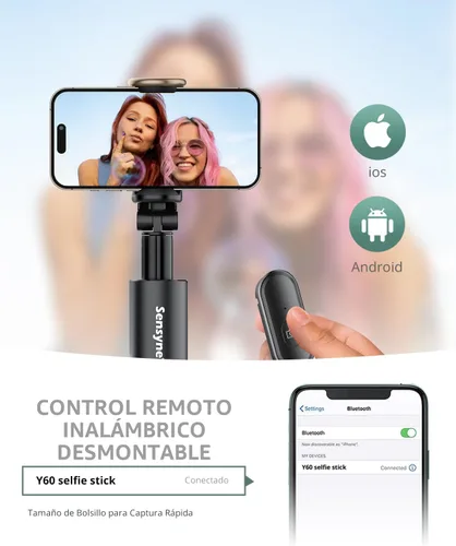 Vista 3 de Sensyne Trípode para teléfono de 60" - Palo para selfies, Trípode ligero todo en uno para teléfono integrado con control remoto inalámbrico