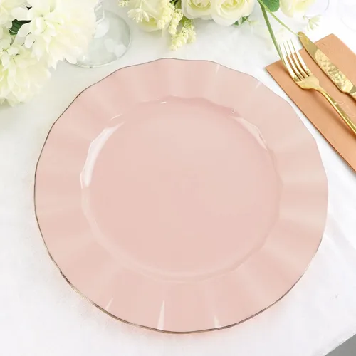 Vista 183 de Tableclothsfactory Paquete de 10 platos redondos de plástico negro de 6 pulgadas para ensalada de postre, platos desechables con borde ondulado