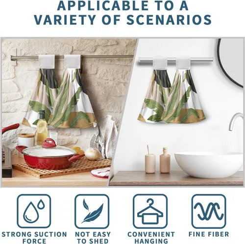 Vista 7 de Juego de 2 toallas de cocina colgantes de hojas tropicales de verano, color verde, hojas de palmera, con bucles para colgar, suaves y absorbentes