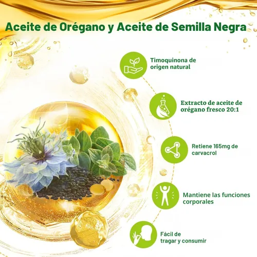 Vista 2 de Nature's live Aceite de orégano con aceite de semilla negra, suplemento de orégano 2 en 1 para la salud inmunológica, retiene carvacrol