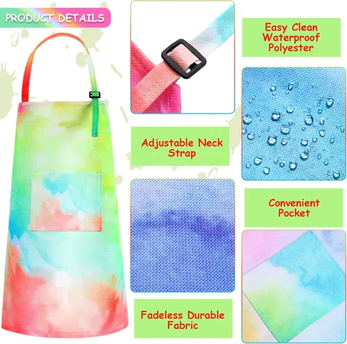 Vista 2 de SATINIOR Paquete de 3 delantales para niños, diseño de arco iris, teñido anudado, con bolsillos, ajustables, para cocina, jardinería, pintura