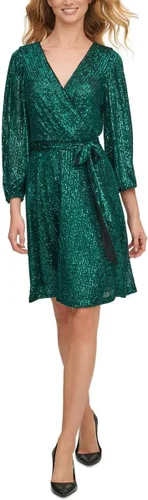 Vista 3 de DKNY Vestido de lentejuelas con cinturón y manga de globo 3/4 para mujer Chocolate