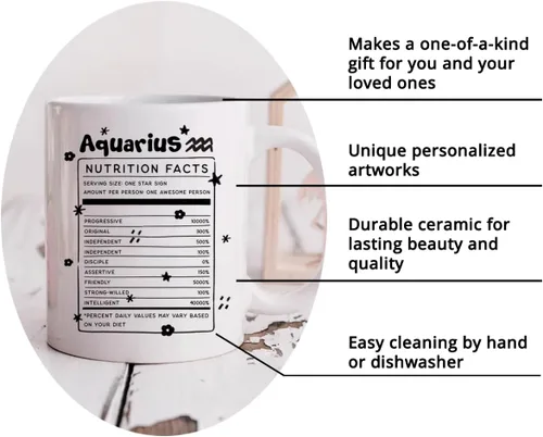 Vista 5 de Gossby Aquarius Nutrition Fact Taza de café – Regalo del signo del zodiaco para mujeres, cumpleaños, regalo de astrología de Navidad para mujeres